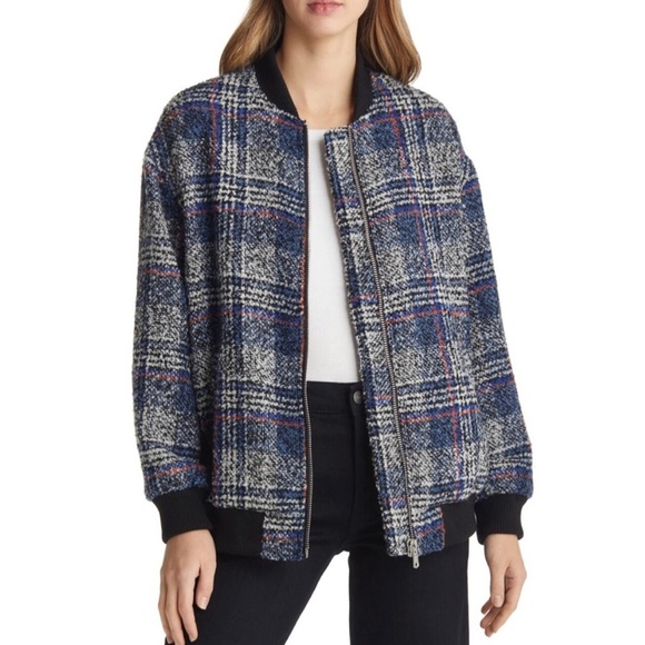 NWT Avec Les Filles Blue Plaid Boucle Tweed Wool Blend Bomber Jacket Size Small - Picture 1 of 16